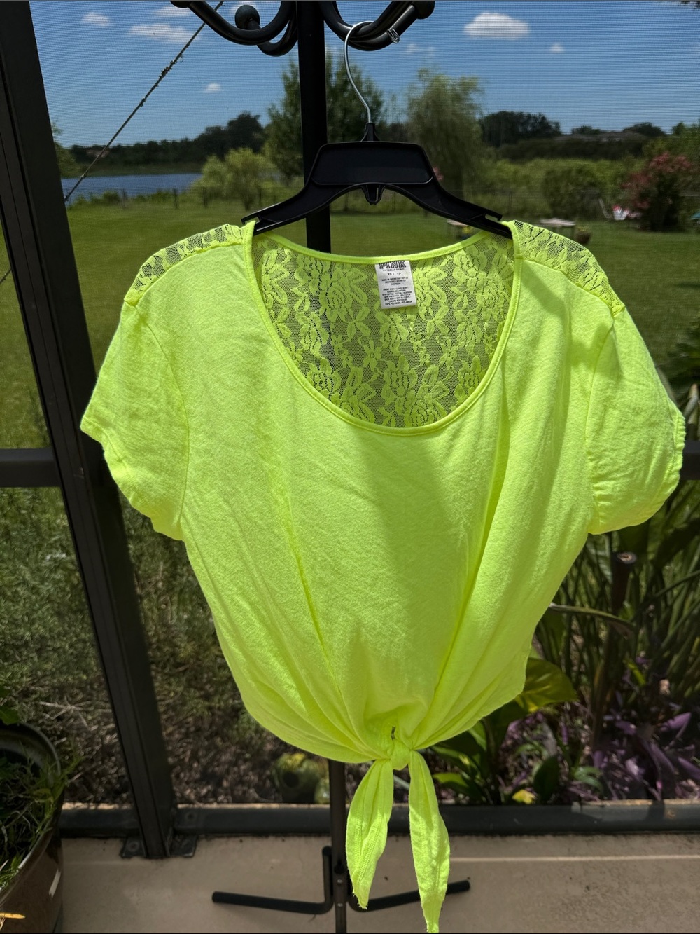 PINK Victoria's Secret vintage Neon Yellow Lace-Back Tie-Front Crop Top